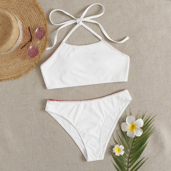 

Whip Stitch Halter Bikini Swimsuit, White