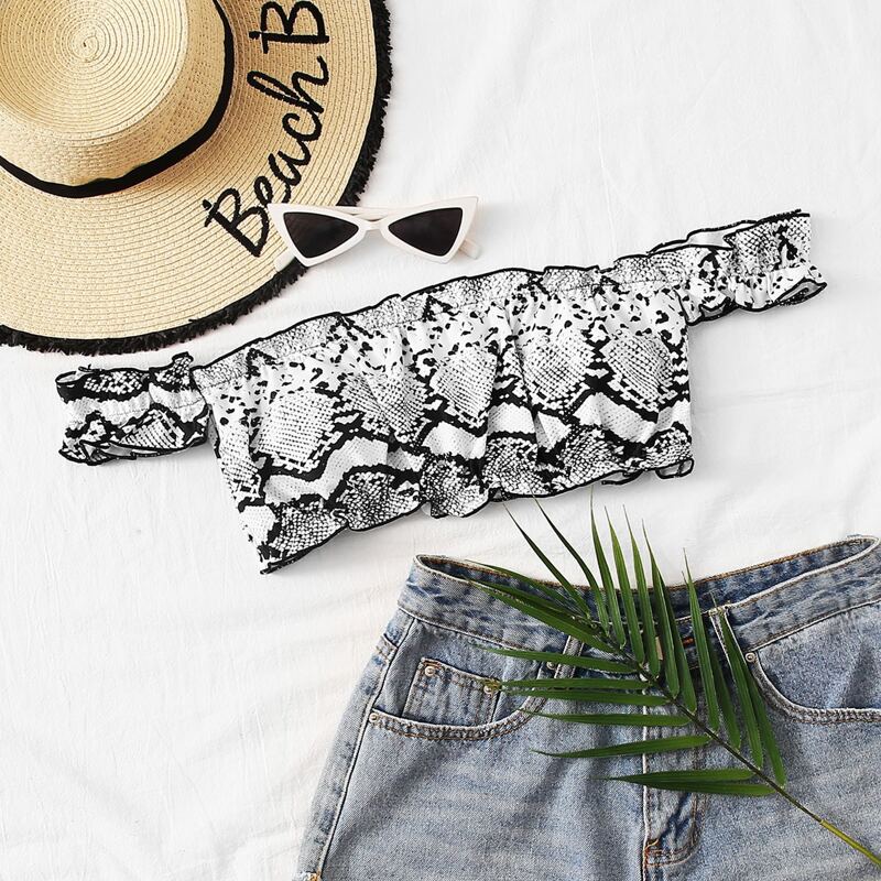 

Snakeskin Frill Bardot Bikini Top, Black and white
