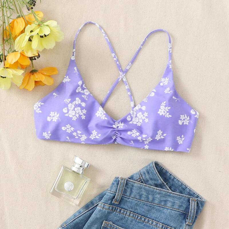 

Floral Print Ruched Bikini Top, Pastel lilac purple