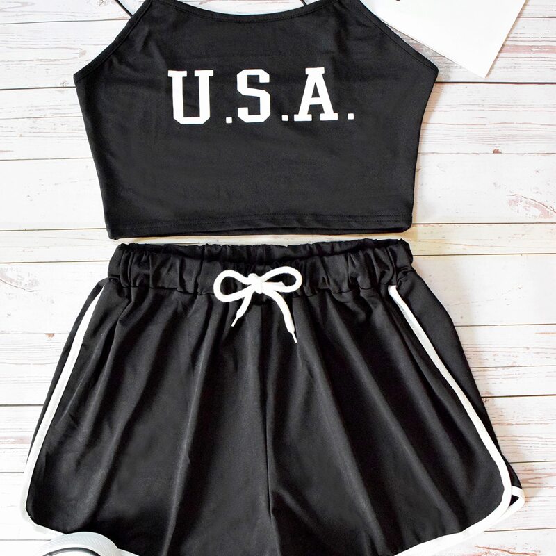 

Letter Graphic Cami Top With Track Shorts, Black