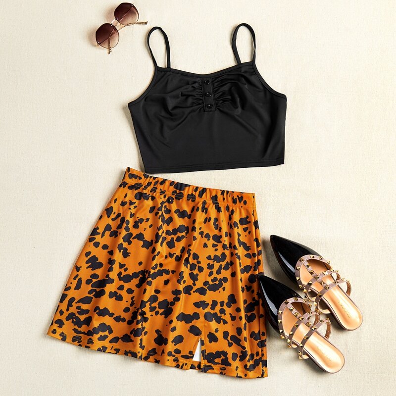

Button Front Cami Top With Graphic Skirt, Multicolor