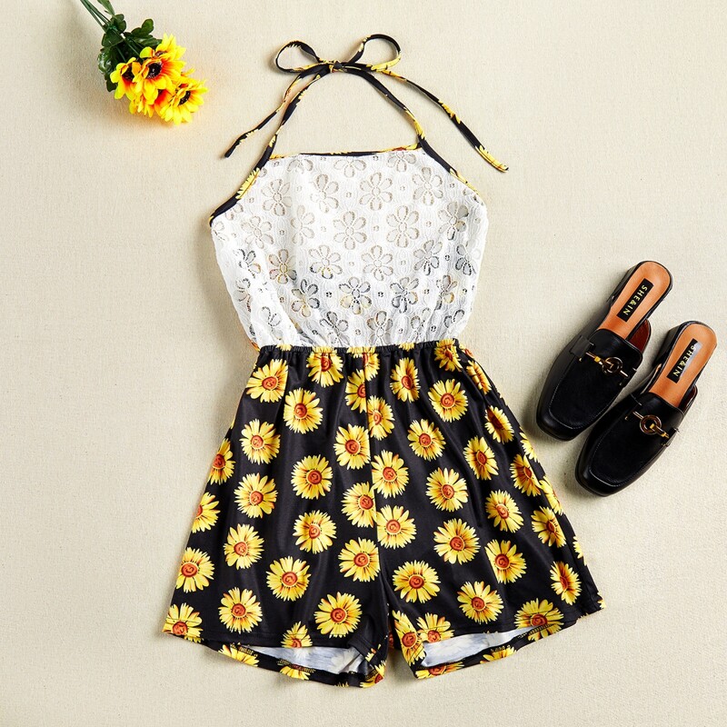 

Guipure Lace Floral Print Tie Back Halter Romper, Multicolor