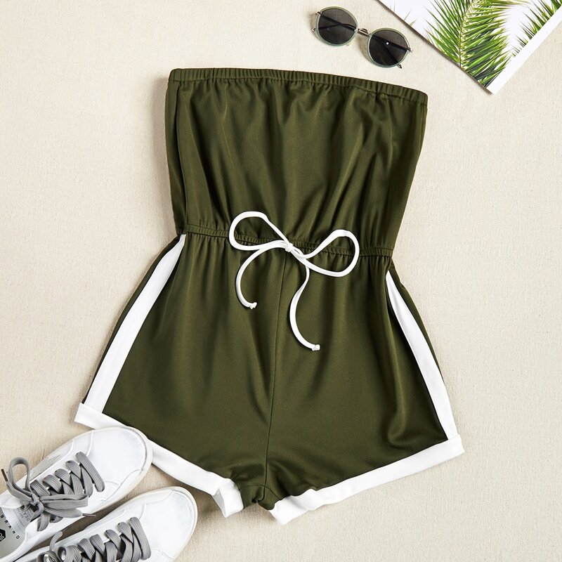 

Contrast Trim Tube Romper, Army green