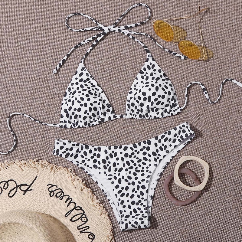 

Dalmatian Tie Back Triangle Bikini Swimsuit, Black and white