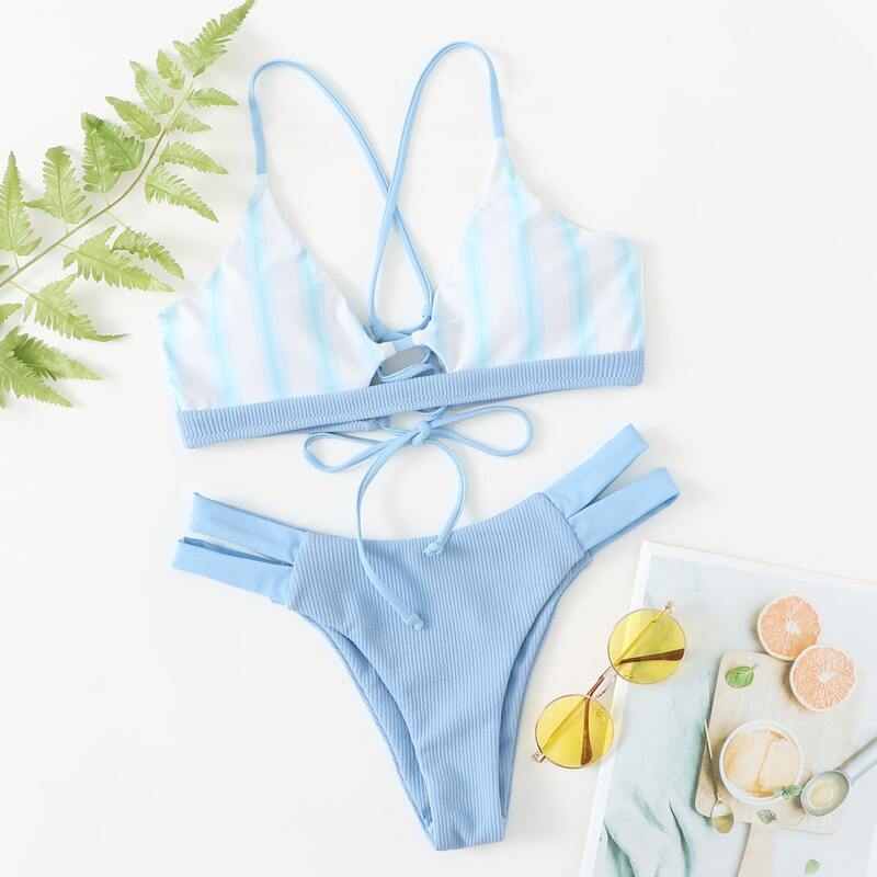 

Striped Cut-out Tie Back Bikini Swimsuit, Baby blue