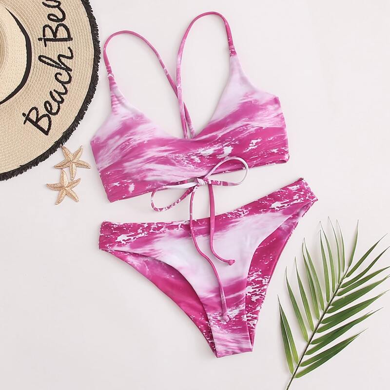 

Sea Wave Print Tie Back Bikini Swimsuit, Pink