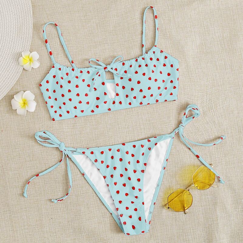 

Strawberry Print Tie Side Bikini Swimsuit, Mint blue