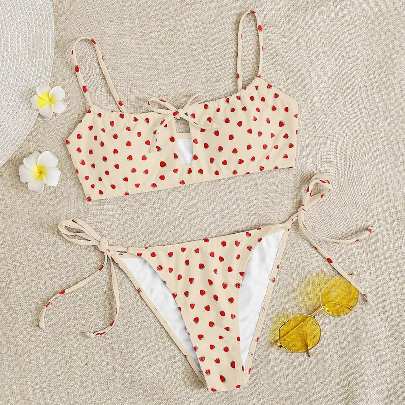 

Strawberry Print Tie Side Bikini Swimsuit, Beige