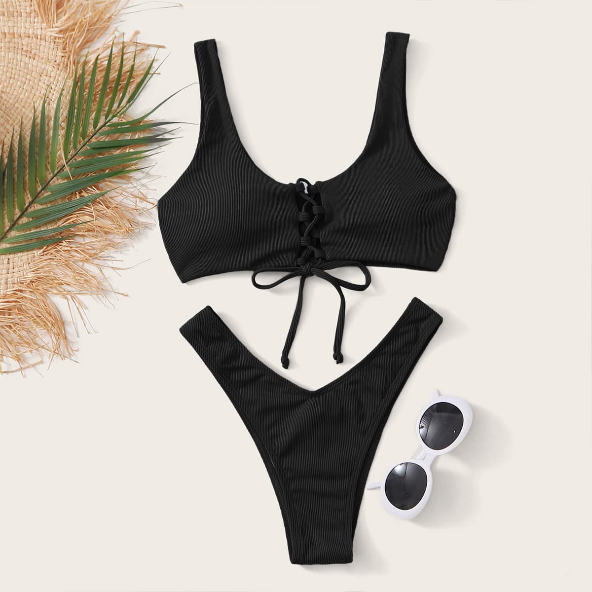 

Rib Lace-up High Cut Bikini Swimsuit, Black