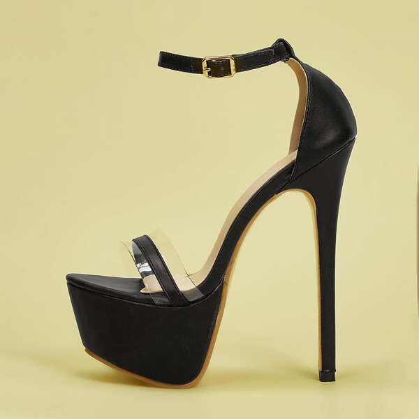 

Clear Ankle Strap Stiletto Heels, Black
