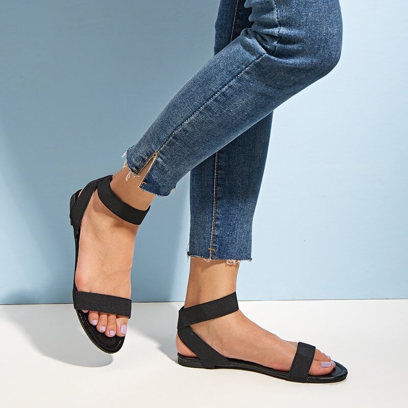 

Elastic Ankle Strap Sandals, Black