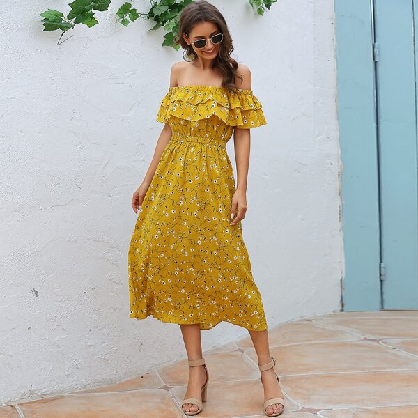 

Платье с открытыми плечами, оборками и цветочным принтом, Жёлтые