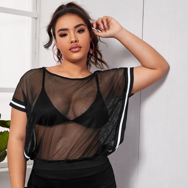 

Plus Striped Sheer Mesh Top, Black