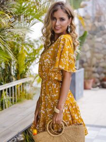 SHEIN Holidaya Vestido cruzado delantero con estampado floral - Mostaza Amarilla - Ver 6