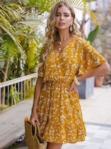 SHEIN Holidaya Vestido cruzado delantero con estampado floral - Mostaza Amarilla - Ver 7