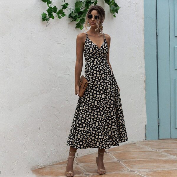 

Daisy Print Criss Cross Tie Backless Cami Dress, Black