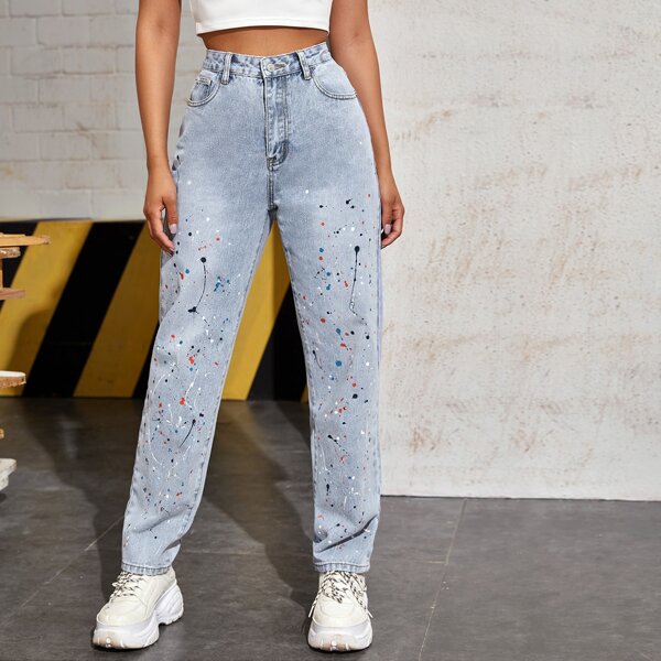 

Light Wash High-Waisted Splatter Print Jeans