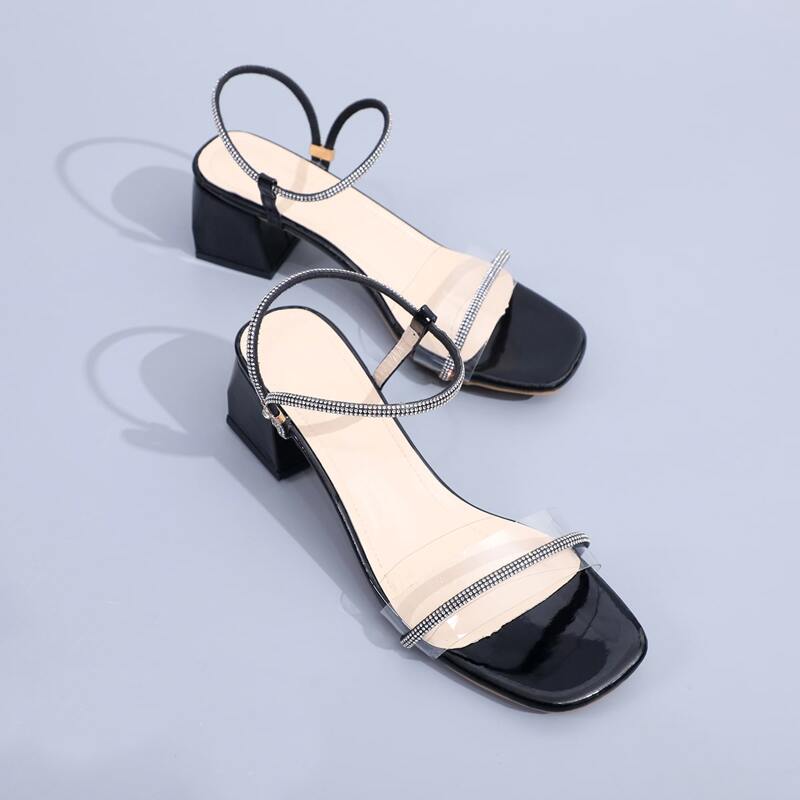 

Rhinestone Decor Clear Chunky Heels, Black