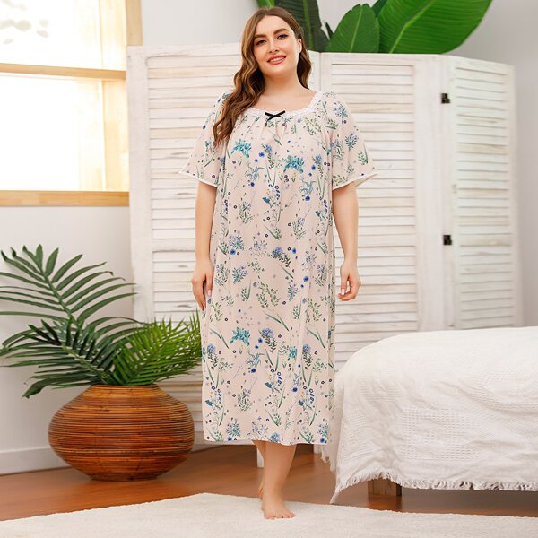

Plus Lace Panel Plants Print Night Dress, Multicolor