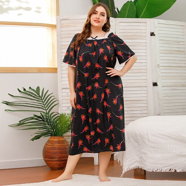 

Plus Lace Panel Floral Print Night Dress, Multicolor