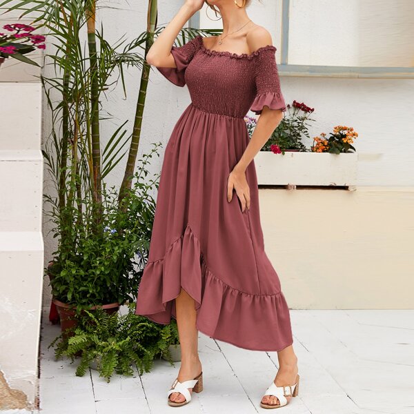 

Ruffle Hem Shirred Bodice Bardot Dress, Redwood