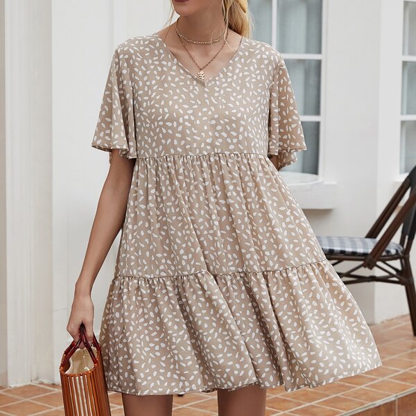 

Allover Print Flutter Sleeve Smock Dress, Apricot