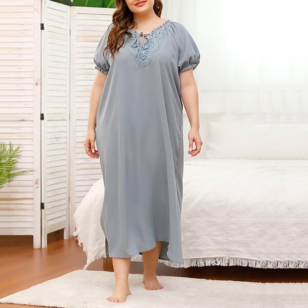 

Plus Guipure Lace Frill Tie Neck Puff Sleeve Night Dress, Dusty blue