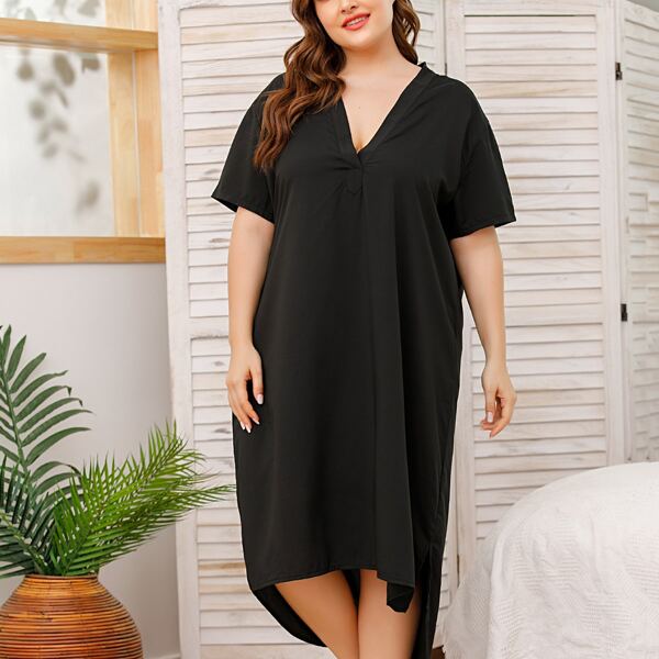 

Plus V Neck High Low Sleepshirt, Black