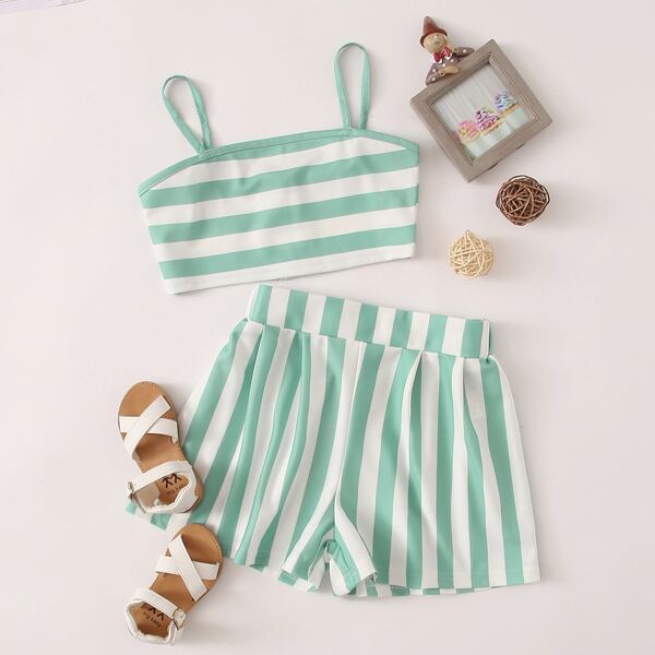 

Girls Striped Crop Cami Top & Shorts Set, Mint green