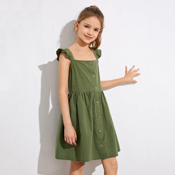 

Girls Ruffle Trim Shoulder Button Front Dress, Army green