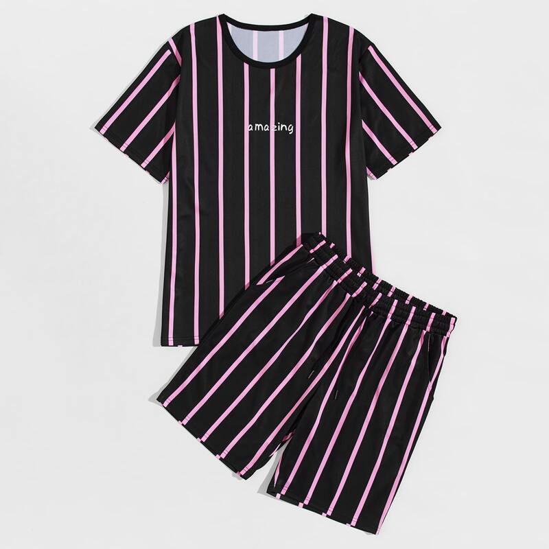 

Guys Vertical Striped & Letter Graphic Tee & Shorts, Black