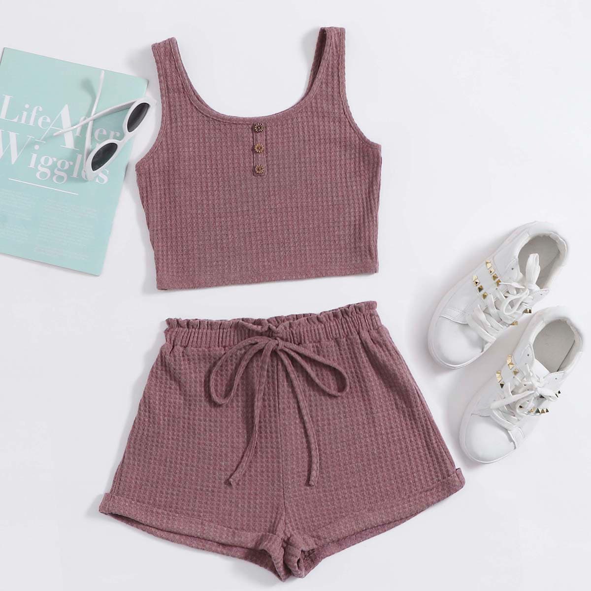 

Button Front Tank Top & Paperbag Waist Shorts Set, Mauve purple