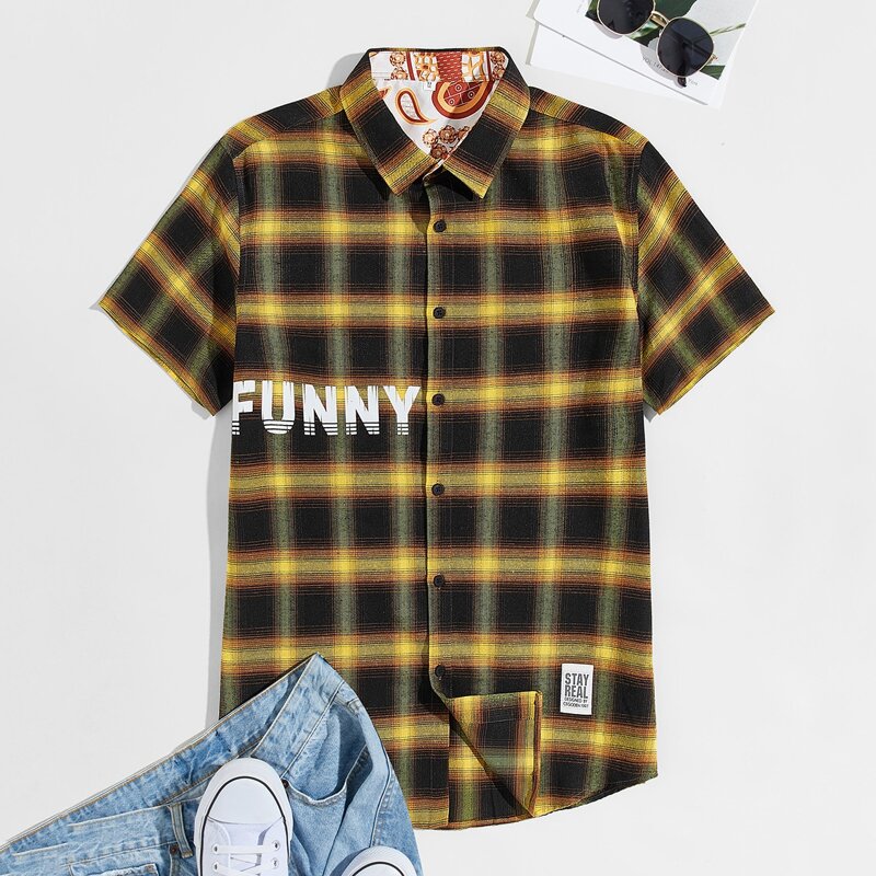 

Guys Letter And Plaid Print Shirt, Multicolor