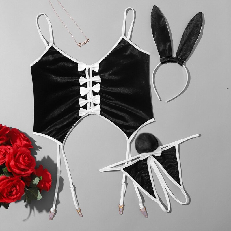 

Velvet Garter Cami & Crotchless & Headband, Black