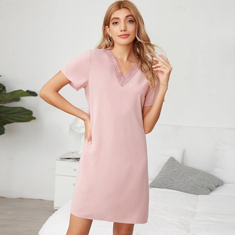 

V-neck Lace Panel Tunic Dress, Baby pink