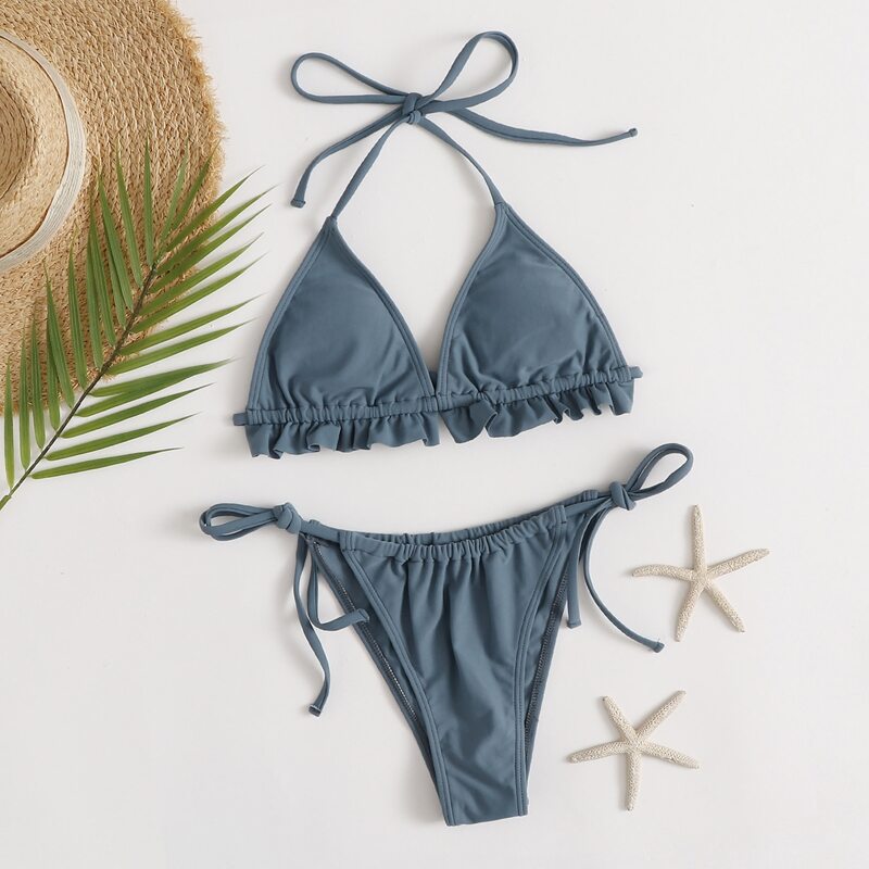 

Ruffle Triangle Tie Side Bikini Swimsuit, Navy blue