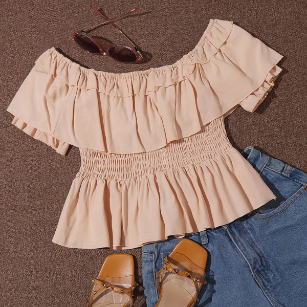 

Shirred Waist Ruffle Hem Peplum Top, Apricot
