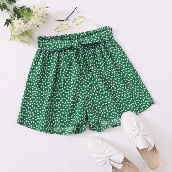 

Daisy Floral Self Tie Wide Leg Shorts, Green