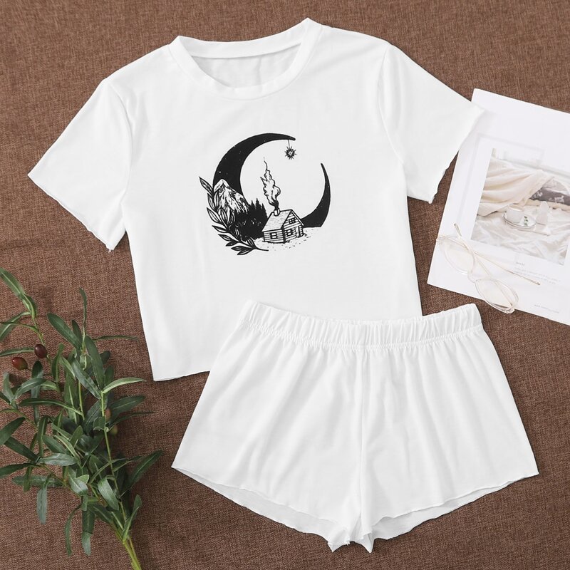 

Moon & House Print Tee With Shorts PJ Set, White