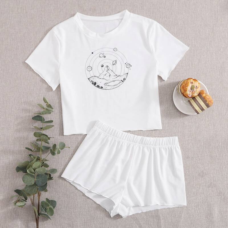 

Galaxy Print Tee With Shorts PJ Set, White