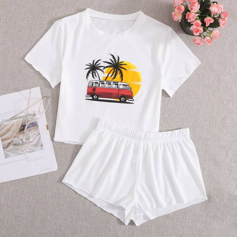 

Palm Tree & Bus Print Tee With Shorts PJ Set, White