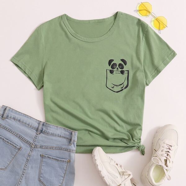 

Cartoon Graphic Round Neck Tee, Army green
