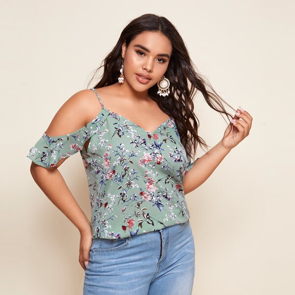 

Plus Cold Shoulder Ruffle Trim Floral Top, Mint green