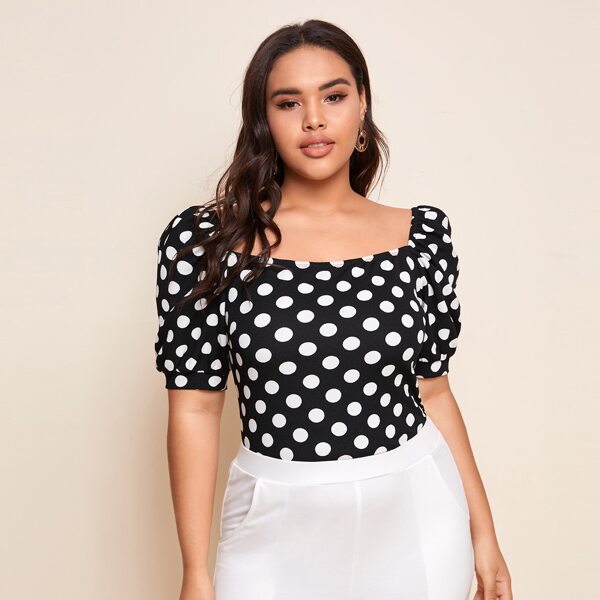 

Plus Puff Sleeve Polka Dot Top, Black