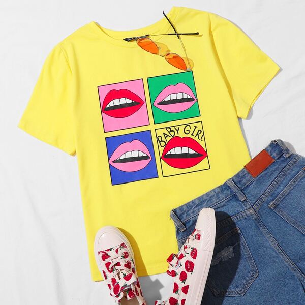 

Letter and Lip Print Tee, Yellow