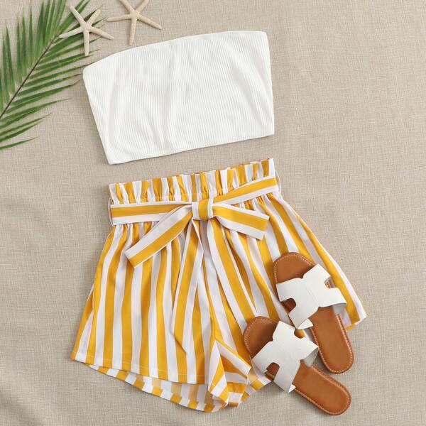 

Rib-knit Bandeau Top & Paperbag Waist Striped Shorts Set, Multicolor
