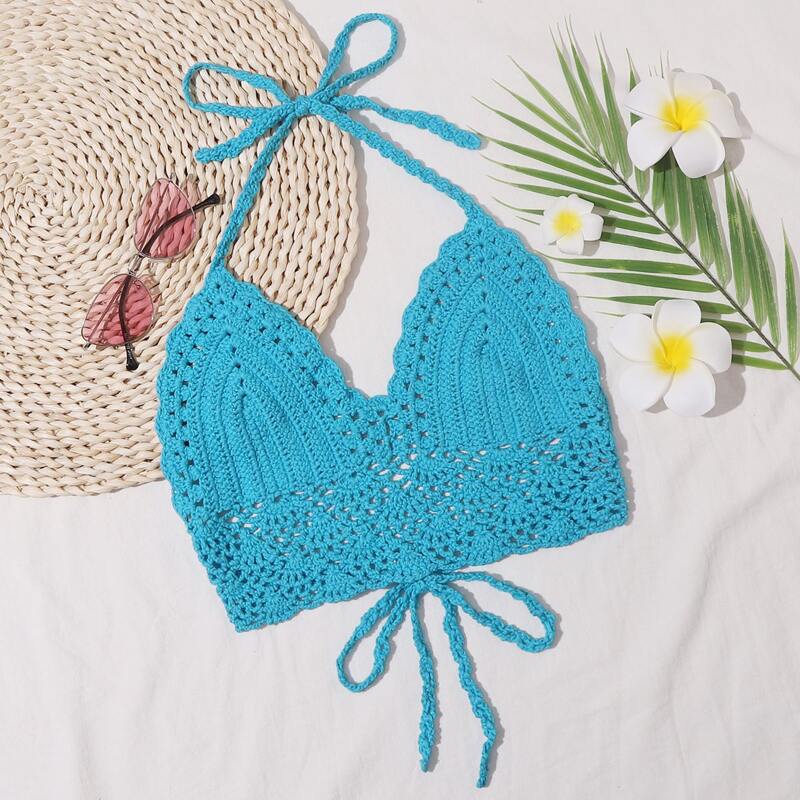 

Crochet Halter Bikini Top, Blue