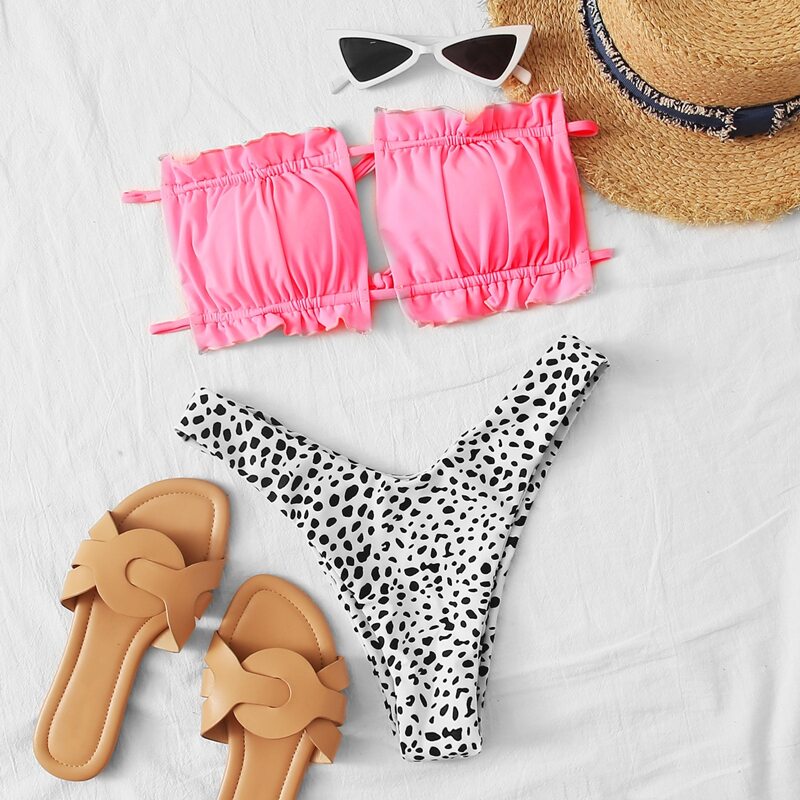 

Dalmatian Ruched Bandeau High Cut Bikini Swimsuit, Multicolor