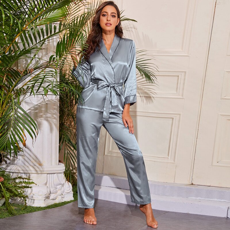 

Contrast Binding Shawl Collar Belted Satin PJ Set, Grey