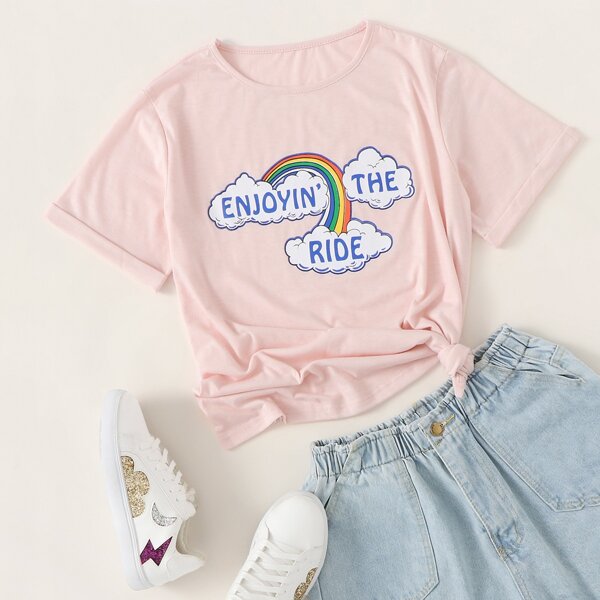 

Rainbow & Letter Graphic T-shirt, Pink